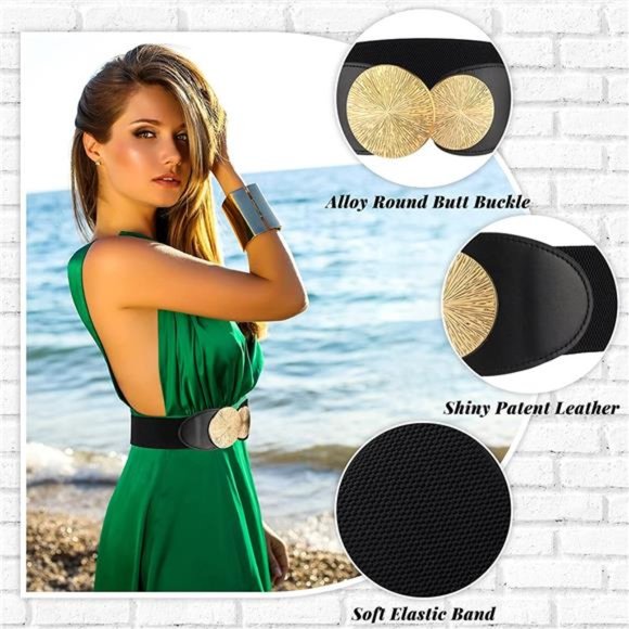 Leyndo 2 Pcs Elastic Vintage Belts Retro Wide Waist Belt Stretchy Cinch Buckle